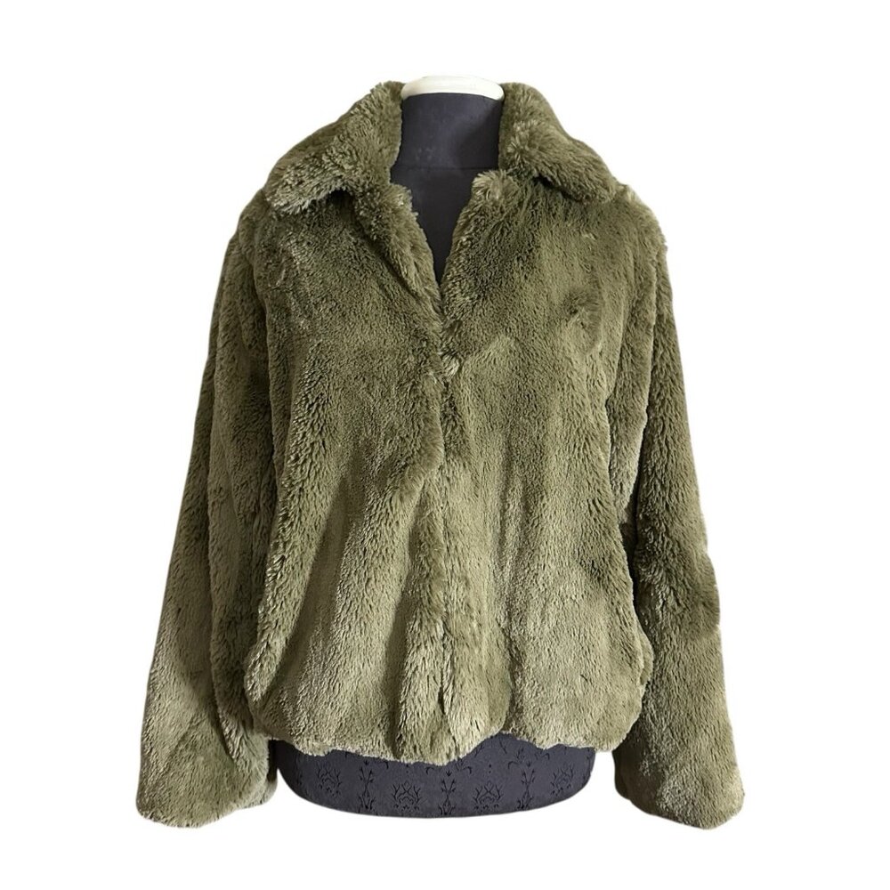 Dylan Jacket Women’s M Olive Green Teddy Faux Fur Hook & Eye Bomber Style Coat